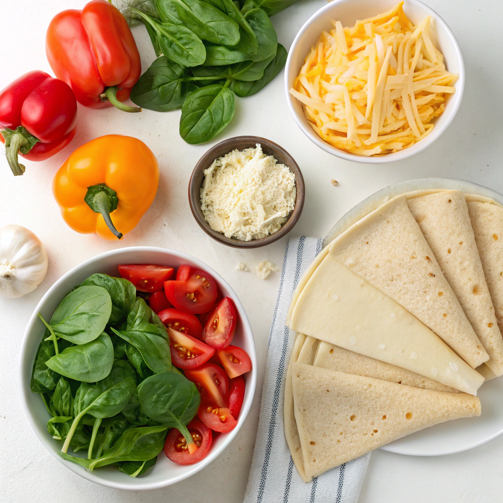 ingredients for mediterranean veggie crepe including fresh vegetables, cheeses, and crepe batter components