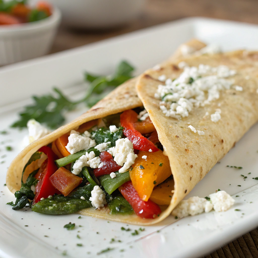 mediterranean veggie crepe neatly folded with colorful vegetable filling and sprinkled with feta cheese