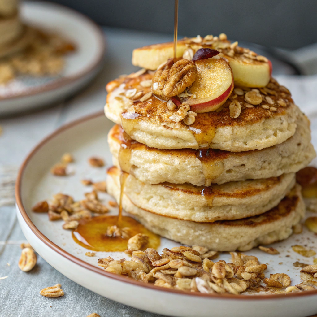 oatmeal apple pancakes; oatmeal apple pancakes stacked on a plate topped with crunchy granola and a drizzle of maple syrup showcasing a delicious and visually appealing break