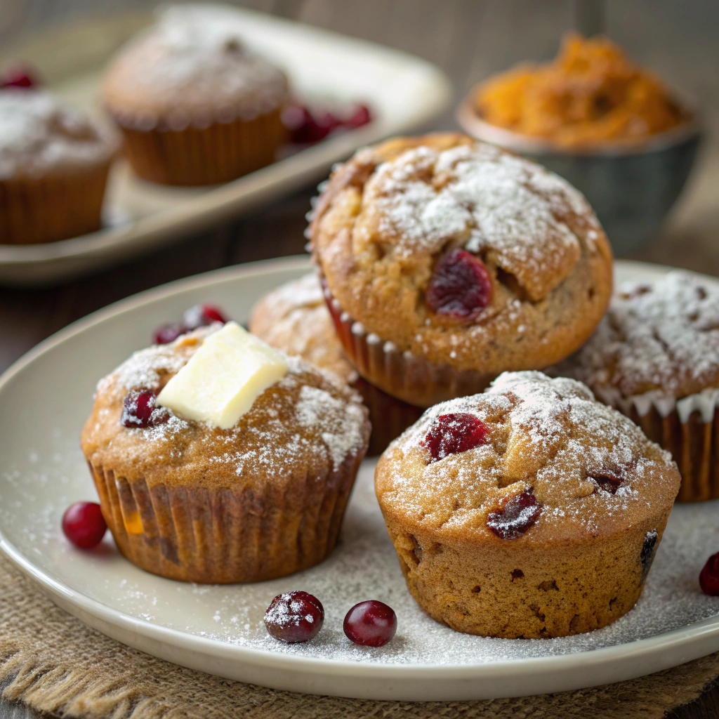 pumpkin cranberry muffins arranged on a plate, some dusted with powdered sugar and others served warm with a pat of butter melting on top