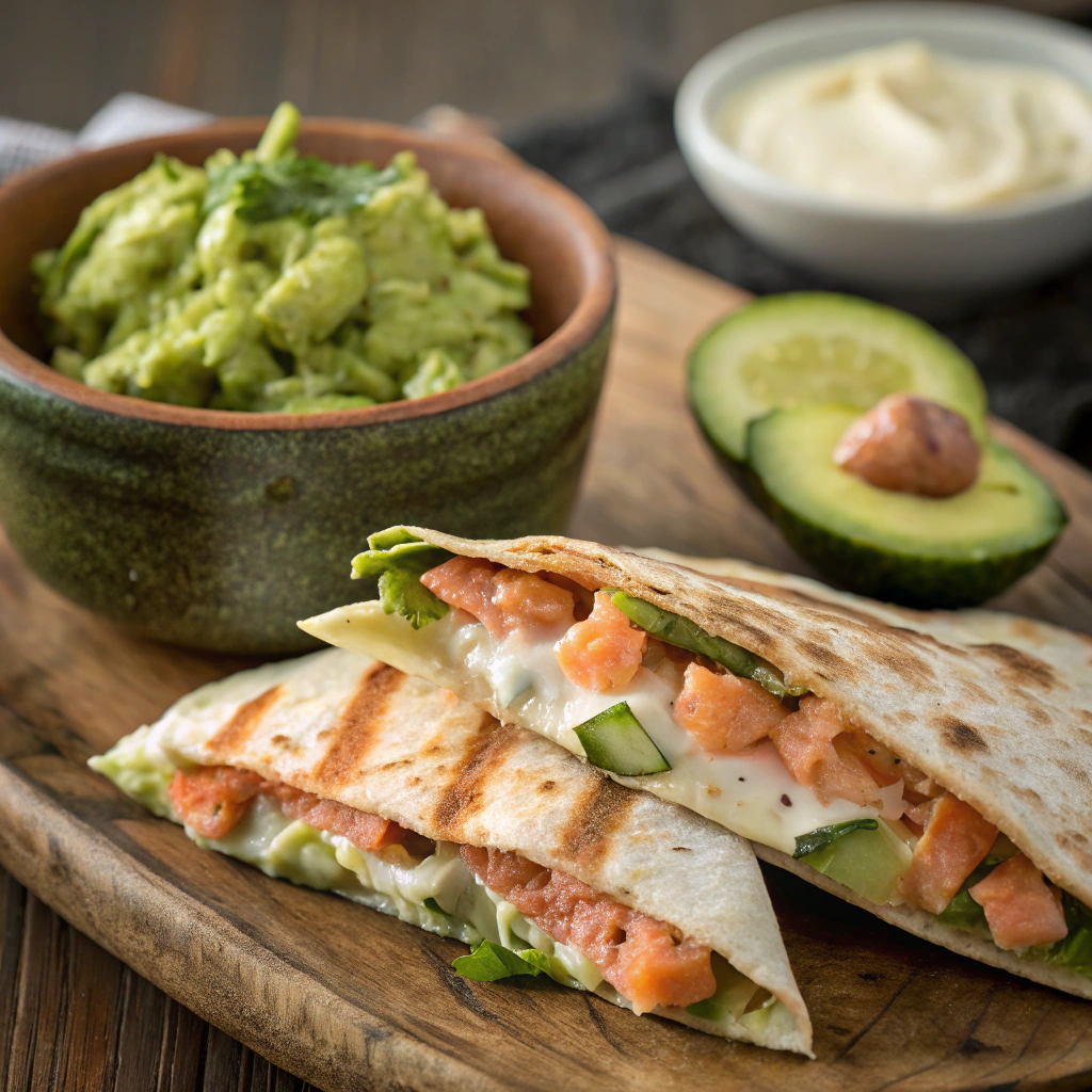 salmon and avocado quesadilla served with a side of fresh guacamole in a rustic bowl