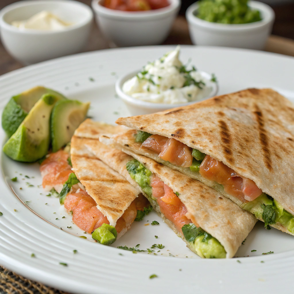 sliced salmon and avocado quesadilla served on a white plate with guacamole and sour cream on the side