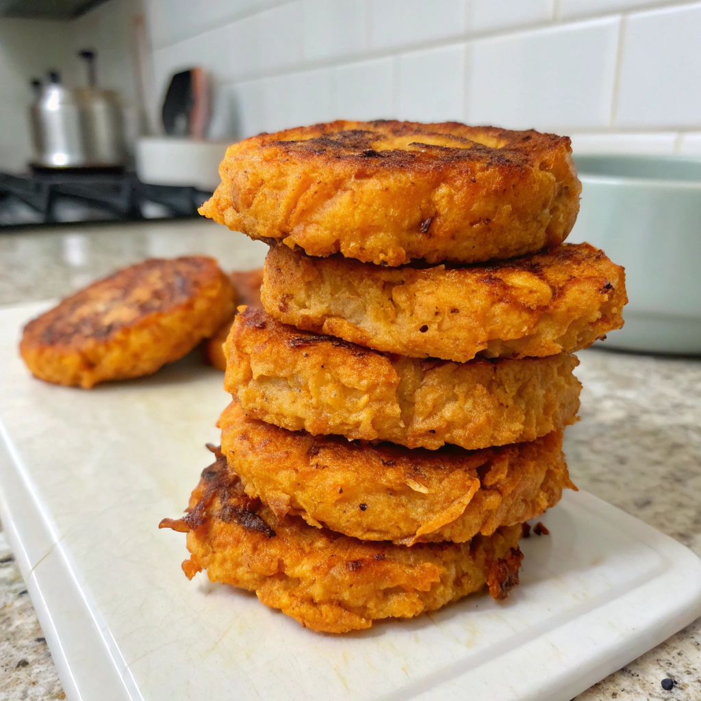 Stack of sweet potato hash brown patties on a kitchen countertop, highlighting their uniform shape and crispy exterior