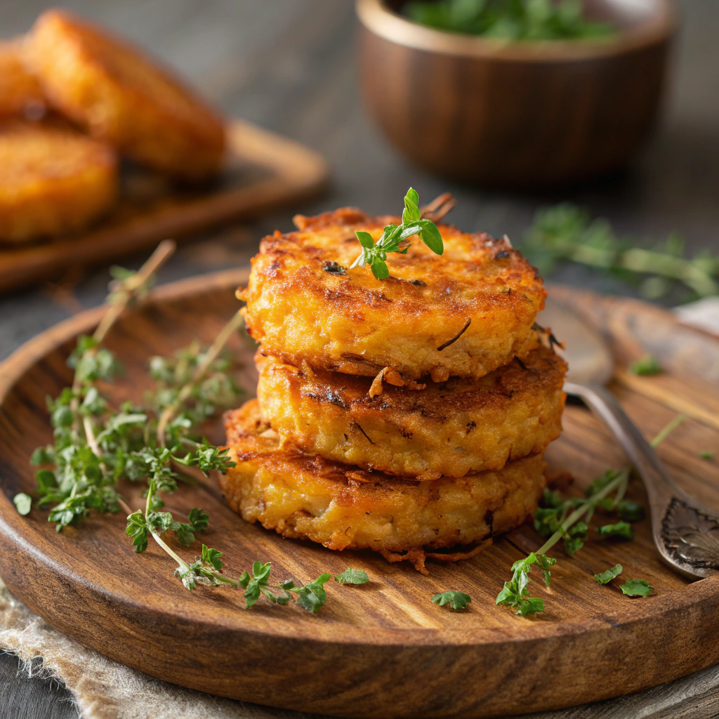 These sweet potato rounds arranged neatly on a rustic wooden plate, highlighting their golden-brown hue and crispy edges, adorned with fresh herbs