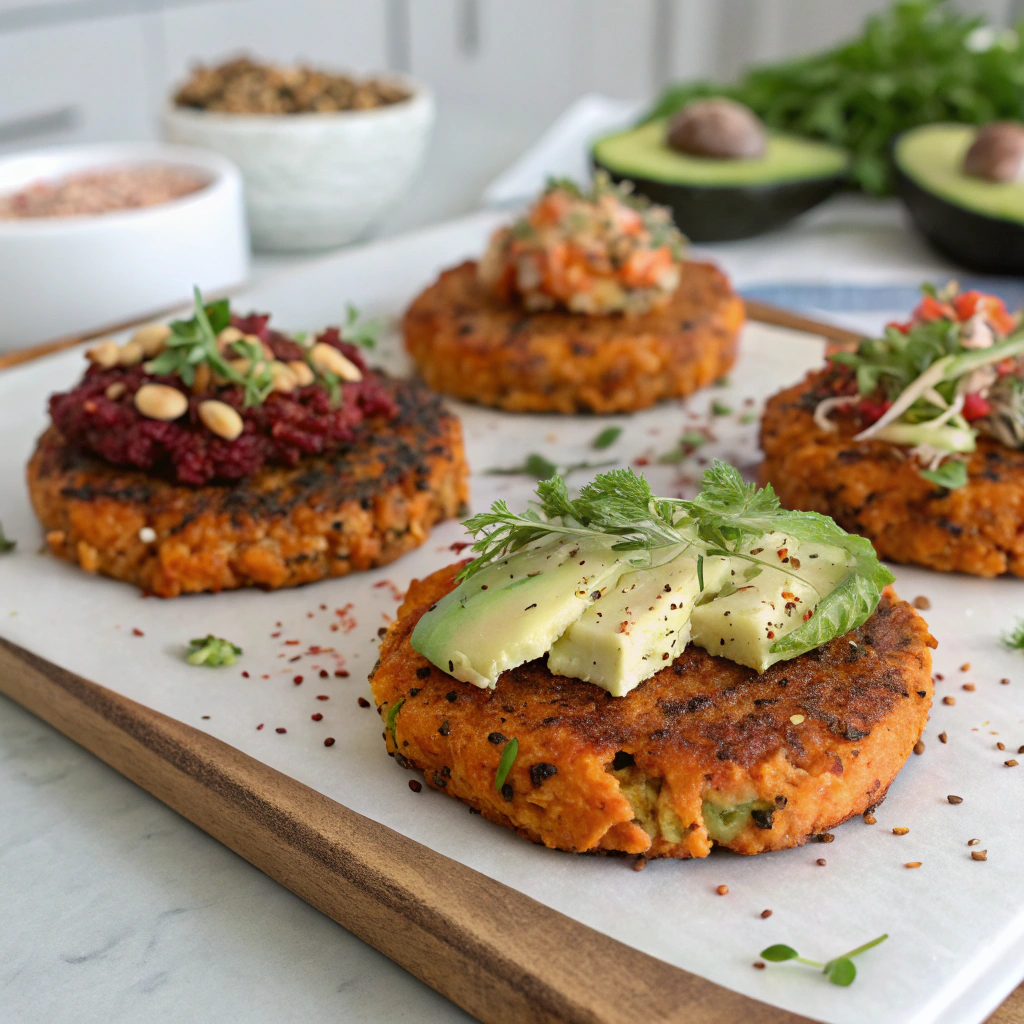 variety of sweet potato hash brown patties with different toppings like herbs, spices, and avocado, displayed on a kitchen counter