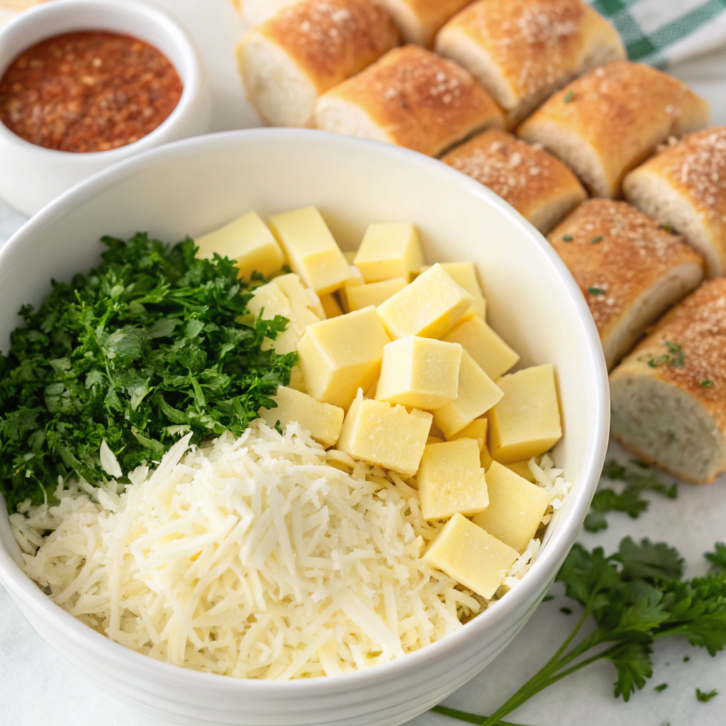 A bowl of ingredients including butter, garlic, Parmesan cheese, and parsley arranged neatly alongside frozen pizza rolls