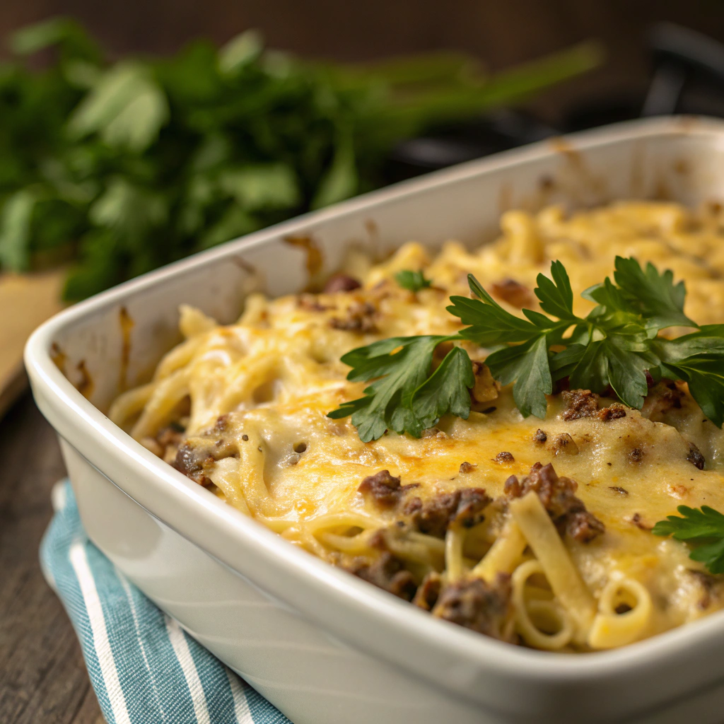 Cheeseburger alfredo pasta in a casserole dish with golden cheese topping and fresh parsley garnish