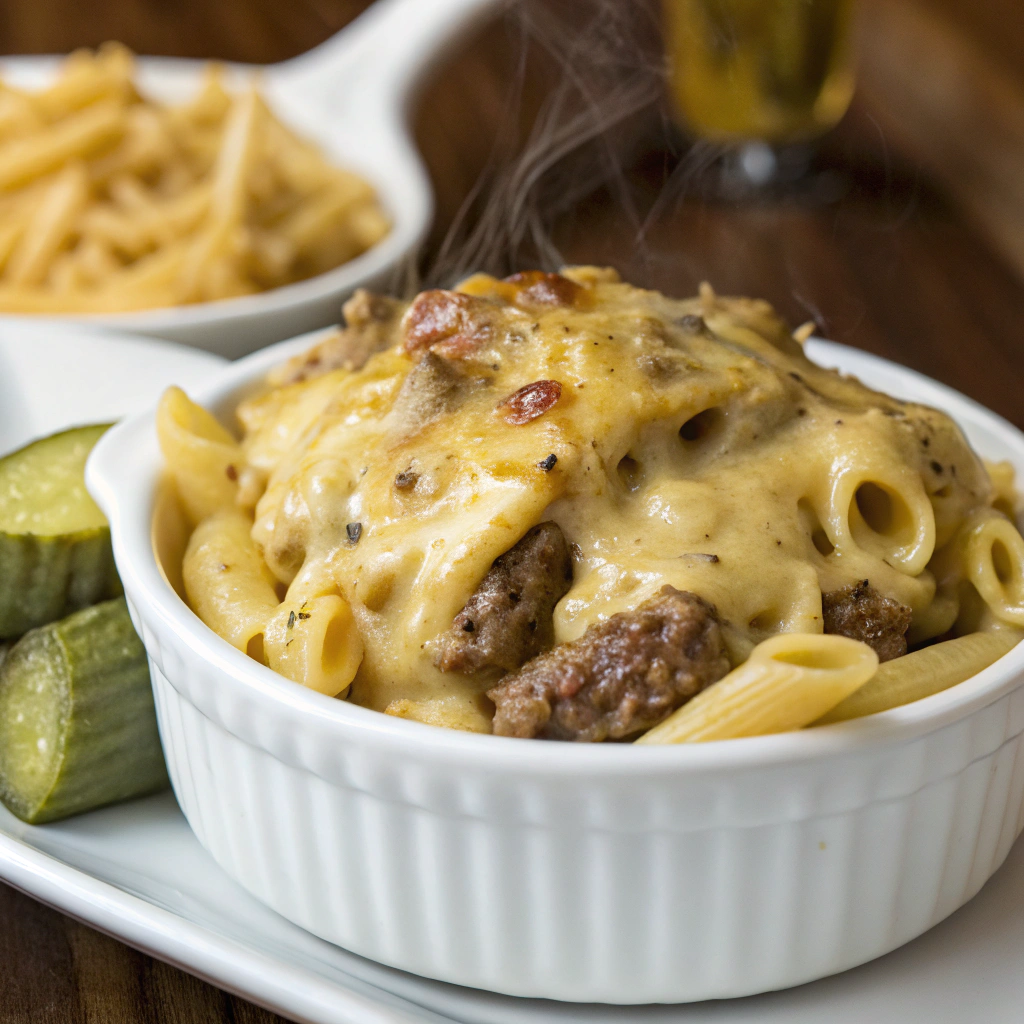 Cheeseburger alfredo pasta with melted cheese topping, served in a white ceramic dish with a side of pickles