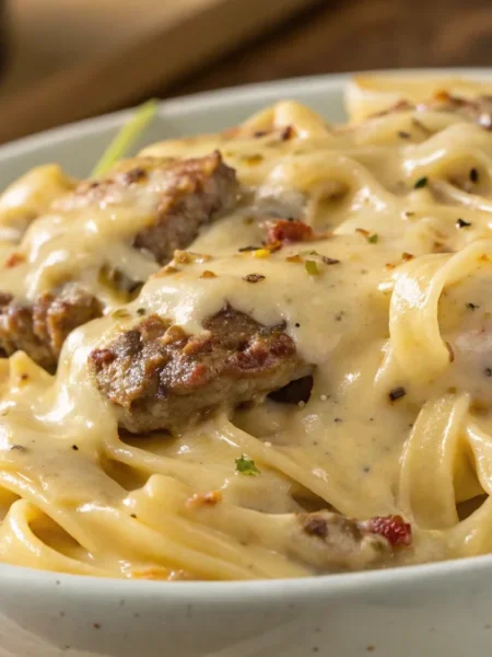 cheeseburger alfredo pasta showing creamy sauce and melted cheese on perfectly cooked pasta
