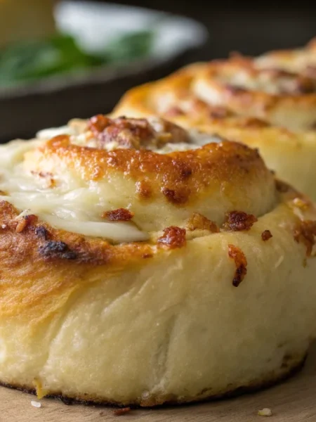 parmesan garlic pizza rolls; features a close up of golden brown parmesan garlic pizza rolls perfectly crispy with melted cheese on top
