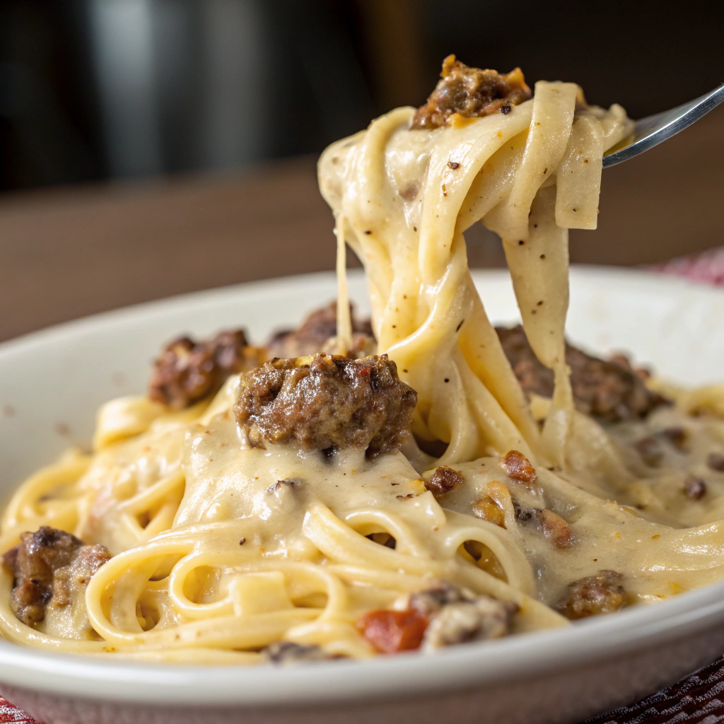 features A close-up of cheeseburger alfredo pasta showing creamy sauce and melted cheese on perfectly cooked pasta