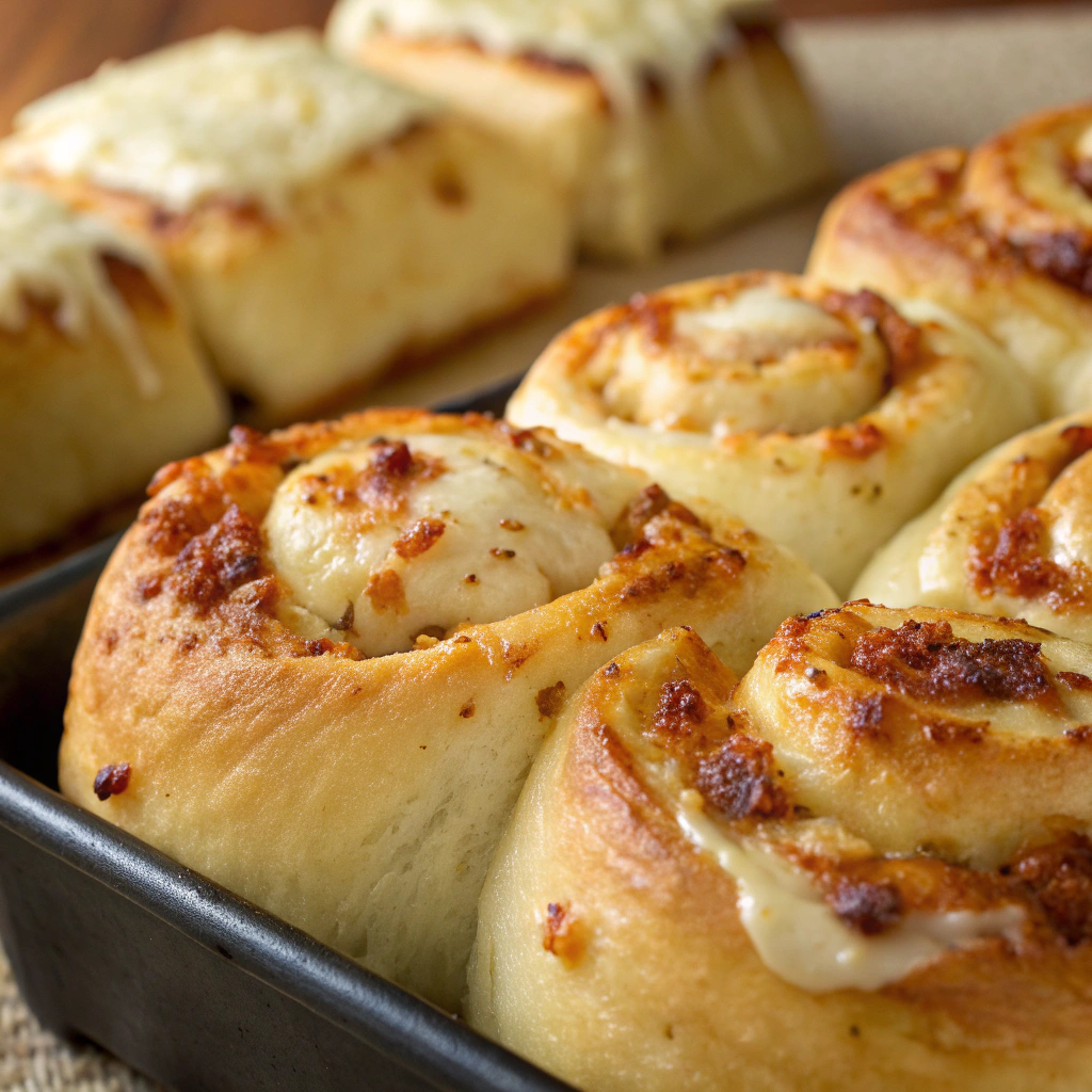 features A close-up of golden-brown parmesan garlic pizza rolls, perfectly crispy with melted cheese on top