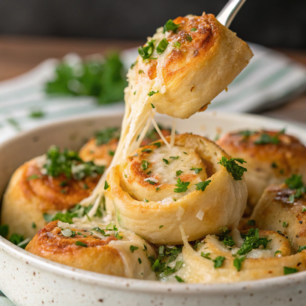 Parmesan garlic pizza rolls being tossed in a garlic butter mixture with Parmesan cheese and parsley