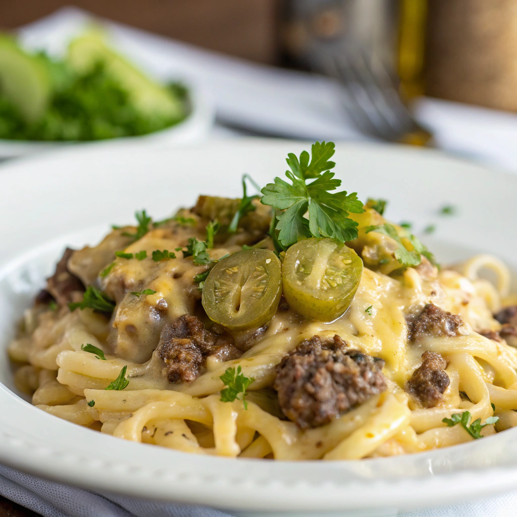 Served cheeseburger alfredo pasta on a white plate garnished with fresh parsley and pickles, ready to eat